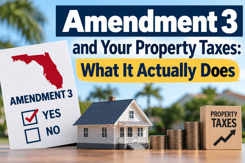 Amendment 3 and Your Property Taxes: What It Actually Does, with a Florida ballot, a house, and stacked coins