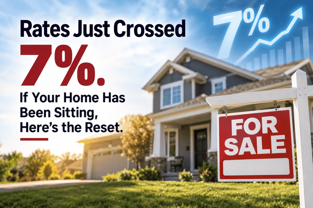 Rates Just Crossed 7%. If Your Home Has Been Sitting, Here's the Reset. A two-story house with a For Sale sign and a rising rate chart.